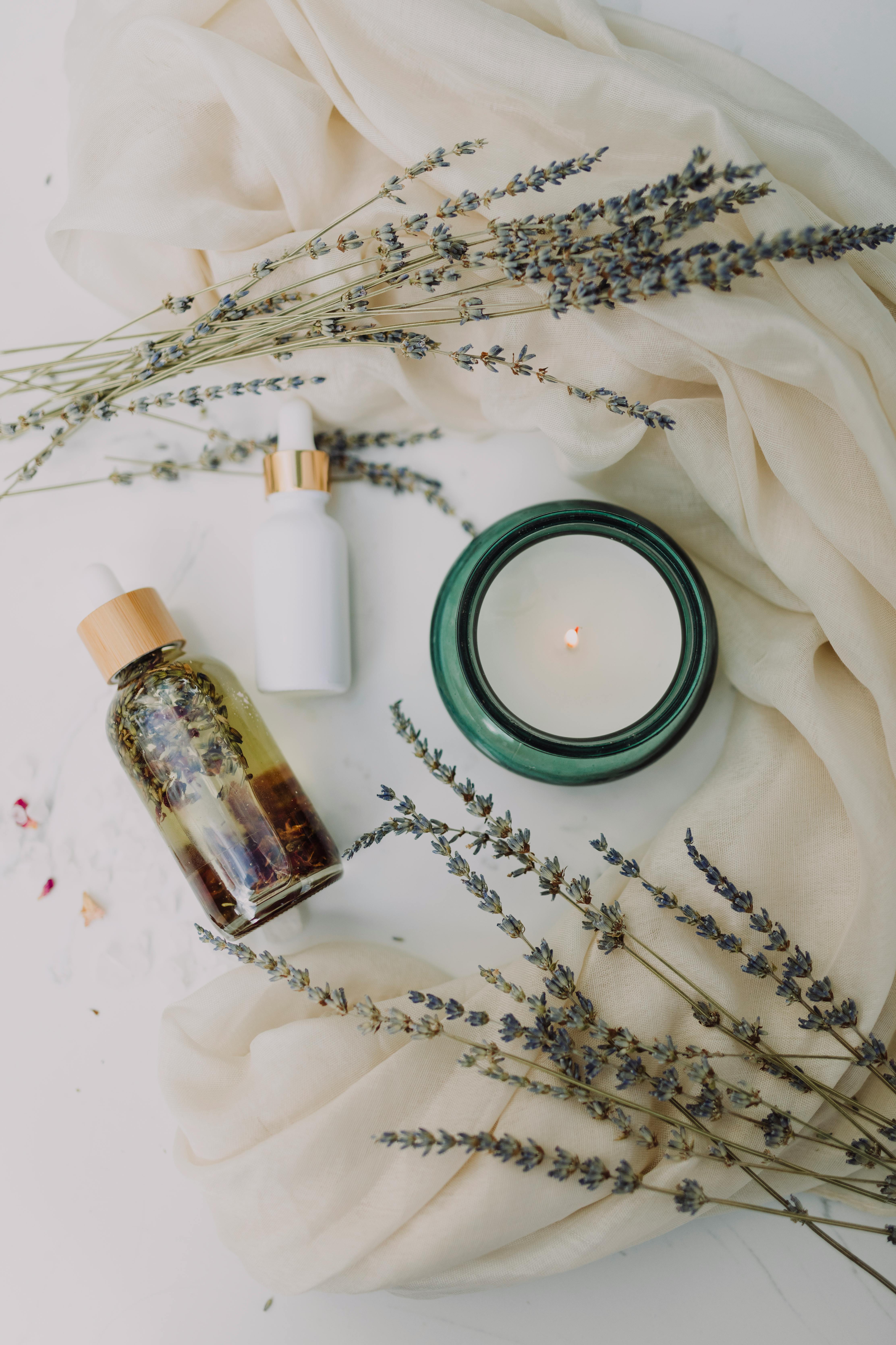 Spa essentials with candle and oil